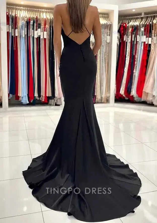 TingPo Wholesale Elegant Trumpet/Mermaid V Neck Sweep Train Sleeveless Elastic Satin Prom Dress